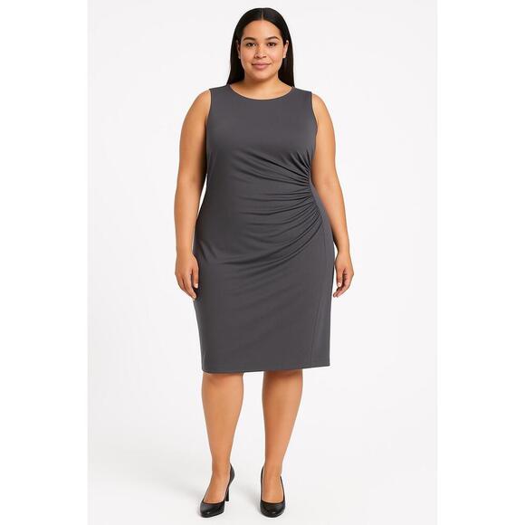 JONES STUDIO Gray Office Core Ruched Sleeveless Sheath Career Dress Plus Sz 20W - Picture 2 of 12